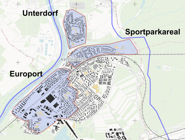 Bild vergr&ouml;&szlig;ern: Landkarte mit farbig hinterlegten Fokusgebieten (Unterdorf, Sportparkareal, Europort) der Kommunalen Wärmeplanung